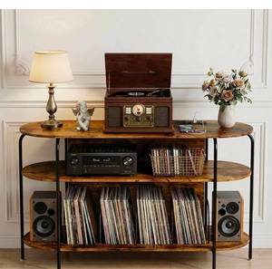 lot 20923 image: Faesun Large Record Player Stand with Vinyl Record Storage & Power Outlets, Holds 200 Albums, 3-Tier Turntable Stand for Living Room & Bedroom, Mid Century Round Shelf Design,Natural Color - Retail $109