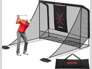lot 20926 image: Zealfeel Golf Net, 10x7ft8x8ft Golf Enclosure Net with Side BarriersAuto-Ball Return, Low-Noise Target, Carry Bag, 4 Stakes, Hitting Practice Net for Backyard Driving Chipping Indoor Outdoor Use - Retail $309