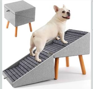 lot 20928 image: Dog Stairs for Small Dogs 17.13 H, 4-Step Doggie Ramp for Couch Bed Sofa and Chair, Foldable 2 in 1 Wooden Pet Steps for Puppy MediumLarge Dogs and Cats, Split Ottoman Design - Retail $94
