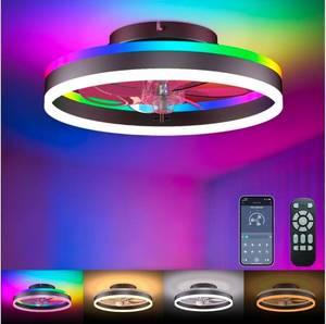 lot 20933 image: RGB Ceiling Fan with Lights, Low Profile Ceiling Fans with Lights and Remote, Flush Mount LED Fan Light, Modern Bladeless Fandelier for Bedroom Works with APP, 16IN Black - Retail $79