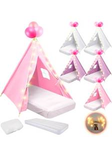 lot 20938 image: 6 Pack Sleepovers Teepee Tent for Kids Bulk with Mattress Sheet Light,Natural Cotton Washable Indoor Play Tent for Birthday Slumber Party Girls Boys Pajama Movie Night Supplies(Pink, Purple, White) - Retail $249