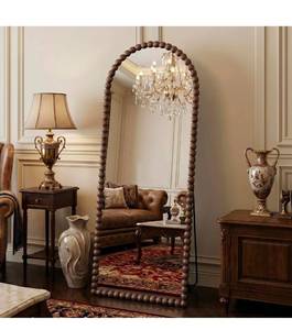 lot 20939 image: Antok 57 x 21 Arched Full Length Mirror, Antique Beaded Frame Floor Standing or Wall Mounted Mirror with Stand for Bedroom, Entryway, Brown, Luxury Style - Retail $119