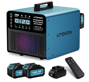 lot 20949 image: Original Ozone Generator Cordless with 2 x 5000mAh Battery&Quick Charger, 300,000mgh Commercial Odor Remover Digital Ozonator Machine With Remote Control, Auto Timming for Large Space - Retail $199