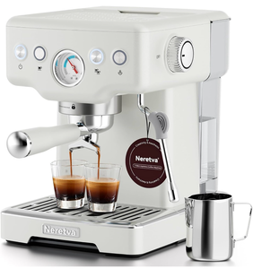lot 20950 image: Neretva Espresso Machine, 15 Bar Espresso Coffee Machine with Visible Pressure Guage Professional Espresso Maker with Milk Frother & Stainless Steel for Home Barista Latte and Cappuccino Maker - White - Retail $179