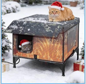 lot 20954 image: Heated Cat House for Outside, Outdoor Pet Warming Shelter with Time & Temperature Controler, Waterproof with Escape Door, Used Separately for All Four Seasons with Rain-Proof Eaves - Retail $49