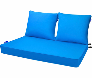 lot 20958 image: Outdoor Loveseat Cushion Set 44 x 24, Outdoor Cushions for Patio Furniture with Fastness Cover, Water Repellent Outdoor Seat Cushion and Couch Back Cushions for Bench, and Swing (Solid Sky Blue) - Retail $109