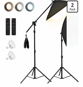lot 20962 image: NiceVeedi 85W Photography Lighting, 2-Pack 20 x 28 Professional Softbox Lighting Kit with 53 Boom Arm & 91 Tripod Stand, Remote Control, Studio Lights for Live StreamingPortraitPhotography - Retail $89