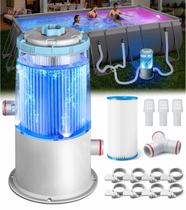 lot 20969 image: KimFilter Glowing 1000 GPH Above Ground Pool Filter Pump with Built-in Blue LED Light  Powerful Pool Cartridge Filter Pump System  Enhanced Water Circulation & Filtration up to Clean and Clear Water - Retail $89