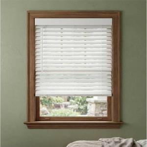 lot 20977 image: Lumino 2 Cordless Faux Wood Blind - 29 W x 64 L - White, Thick Wood Textured Slats - Retail $59