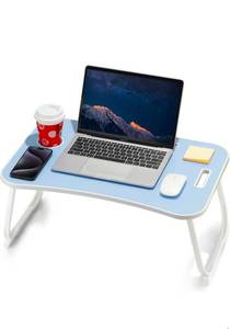 lot 20979 image: ZEAPTAC Laptop Bed Desk, Foldable Lap Desk, Portable Lap Table, Laptop Stand with Cup Holder & Tablet Slot & Lifting Handle for Working Writing Drawing & Eating - Blue - Retail $0