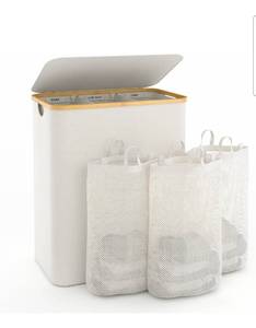 lot 20980 image: Hampers for Laundry Basket with Lid, 160L Extra Large Laundry Hamper 3 Section Dirty Clothes Hampers for Laundry Divided Laundry Basket Organizer for Bedroom,Laundry Room, Dirty Clothing Hamper, Beige - Retail $42