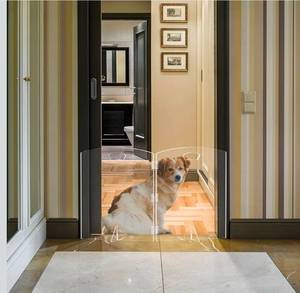 lot 20985 image: Clear Freestanding Dog Gate for Indoor Use,Pet Gates for Doorways no Drilling,Acrylic Foldable Dog Gate for Stairs with Support Feet (2 Panel - 40W x 23H) - Retail $59