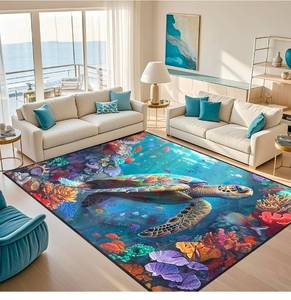 lot 21001 image: Sea Turtle Rug - 6x9 Feet Sea Turtle Rugs for Bedroom Colorful Coral Printted Carpet for Bedroom Sea Animal Underwater Carpet for Living Room Classroom Decor - Retail $107