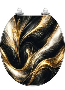 lot 21002 image: Round Toilet Seat Abstract luxury marble 3d painting Gold black colors Resin Toilet Seat Slow Quiet Close with Quick-Release Hinges Toilet Seat with Cover Easy to Clean Install - Retail $119