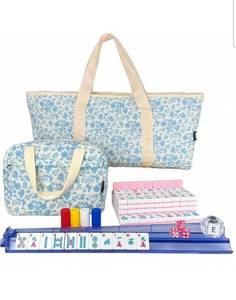 lot 21003 image: Mahjong Tile Set, American Mahjong Set with Floral Quilted Carrying Bag, 166 Pink Tiles, 4 All-in-one Mahjong Racks and Pushers, Dice etc Accessories for Beginners (Floral Pink-L) - Retail $89