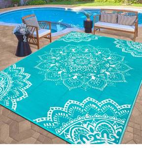 lot 21004 image: Yamaziot Waterproof Outdoor Rug 9x12 ft, Reversible Plastic Straw Rug for Patio Clearance, Camping, RV Mat, Large Outside Rug Carpet for Porch, Deck, Backyard, Balcony, Picnic (Blue) - Retail $65