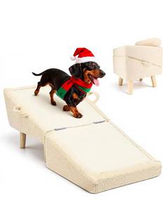 lot 21005 image: Dog Stairs for Small Dogs and Cats �� 2-in-1 Dog Ramp for Couch and Low Bed, 16.5 Foldable Wooden Pet Ramp, Sturdy Multi-Use Split Ottoman Design, Beige - Retail $76