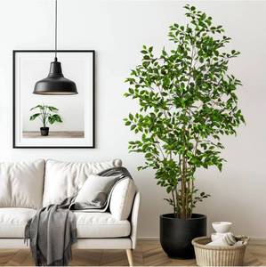 lot 21006 image: Bailikang Artificial Ficus Tree Indoor 7ft, Large Potted Faux Tree with Realistic Silk Leaves & Trunk for Home Office, Living Room Corner Decor - Retail $129