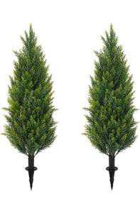 lot 21017 image: ECOLVANT 3FT Artificial Cedar Topiary Trees with Ground Spike, Set of 2 Faux Cypress Plants UV Resistant Artificial Pine Shrubs Fake Bushes for Outdoor Indoor Front Porch Garden - Retail $68