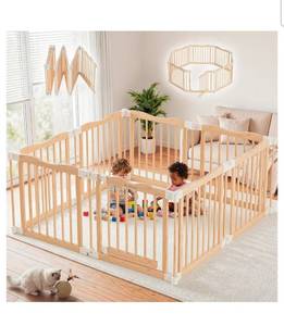 lot 21048 image: Foldable Wooden Playpen - Adjustable Wood Baby Play Yard with Door, Indoor Large Safety Fence for Babies and Toddlers - Easy Assembly, 55 x 55 x 24 inches, Nature Nest - Retail $199