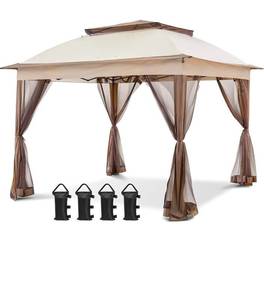 lot 21050 image: COOS BAY 11x11 Pop Up Gazebo with Mesh Netting, Instant Outdoor Canopy Tent, Water Resistant Shelter with UPF 50 UV Protection, 121 Sq Ft Coverage, Beige - Retail $179