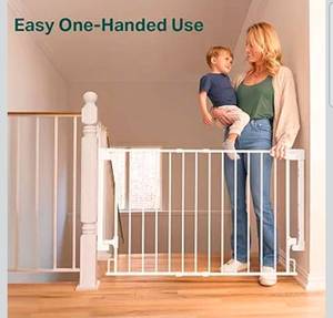 lot 21053 image: Cumbor 29.2��43 Baby Gate for Stairs, Hardware Mounted (Drill Required), Expandable No Bottom Bar Dog Gate, Auto Close Extra Wide Walk Thru, Pet & Toddler Proof Gate, Top & Bottom of Stairways (White) - Retail $69