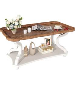 lot 21054 image: Function Home Farmhouse Coffee Table, 2-Tier Center Table with Storage Shelf, 39.8 French Country Rectangle Accent Table with Natural Tray Top and Curved Legs for Living Room Balcony, Vintage White - Retail $149