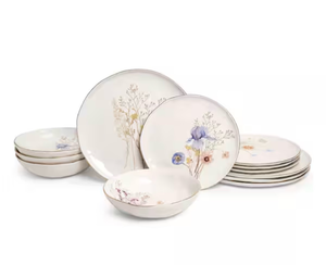 lot 21068 image: Sango 12-Piece Luxury Porcelain Dinnerware Set for 4- Glossy White Plates and Bowls Sets with Wildflower Patterns and Gold Rims, Ceramic Dish Set, Elegant Dishes for Everyday Dining, Gansevoort - Retail $89