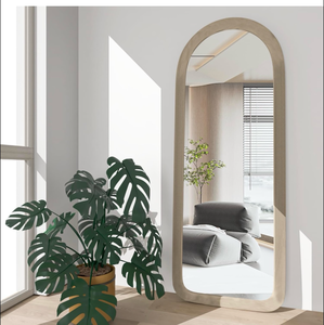lot 21072 image: Full Length Mirror 56x20 Arch Floor Mirror with Stand Arched Full Body Mirror Standing Hanging or Leaning Against Wall for Bedroom Flannel Wrapped Wooden Frame Milk Tea - Retail $65