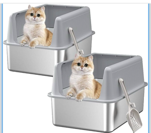 lot 21074 image: 2PACK Stainless Steel Cat Litter Box with Lid,19.7 L x 13.8 W x 11.8H Deep,Large Metal Litter Box with High Side,for Small and Large Cats,Anti-Leakage Non-Sticky Include Litter Scoop - Retail $55