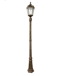 lot 21075 image: Gama Sonic Outdoor Solar Lamp Post Light, Weathered Bronze Aluminum and Beveled Glass Panels, 10-Year Royal Bulb, Warm White LED with Omni-Direction Reflector, 87 Height - Retail $269