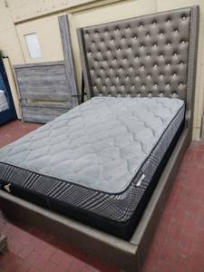 lot 52813 image: Gray Tufted Upholstered Queen Bed with Crystal Button Details - Mattress and Box Spring Included