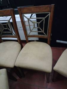 lot 52824 image: Wood Dining Chairs with Geometric Back Design and Upholstered Seats - 4 Ct