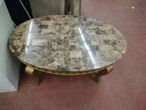 lot 52905 image: Marble Top Oval Coffee Table with Gold Metal Base