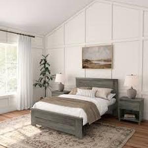 lot 52814 image: Rustic Grey Wood Full Size Bed Frame with Mattress and Box Spring