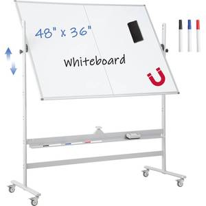 lot 52921 image: FORTUNO Magnetic Mobile Whiteboard 48x36, Rolling Double Sided Dry Erase Board with Stand, Reversible Adjustable HeightAngle Easel White Board on Wheels 4 x 3 for Office Classroom Home