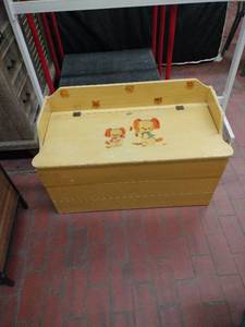 lot 52922 image: vintage yellow wooden childs toy storage chest