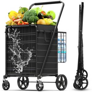 lot 1056 image: XING LANG 5.0 Cu Ft Folding Shopping Cart - 480 LB Capacity Grocery Cart with 360° Braked Swivel Wheels - Heavy Duty Utility Cart with Double Basket & Removable Waterproof Liner with Lid for Laundry - Retail $95