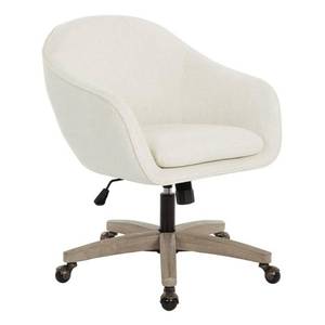 lot 1060 image: Pemberly Row Office Chair, Linen Cream Fabric, Gray Brush Wood Base, 25.88 W x 27.13 D x 35.88 H, Rustic Finish, Plush Comfortable Design, Casters for Mobility, Home Office Seating - Retail $224