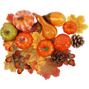 lot 1067 image: winemana Fall Decorations for Home-6pcs Mini Pumpkins & 2pcs Gourds, 30pcs Leaves & 10pcs Acorns, 2pcs Pinecones Centerpiece Set-Harvest Decor for Table Mantel (Largest 4.5 x 2.1) - Retail $15