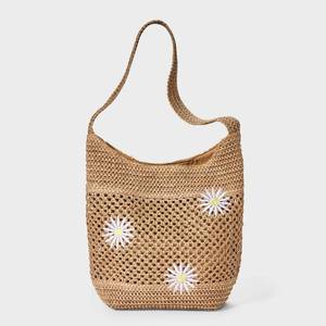 lot 1105 image: Girls Daisies Embroidered Woven Tote Bag - art class Tan Floral Pattern, Paper Straw, Softside - Retail $15