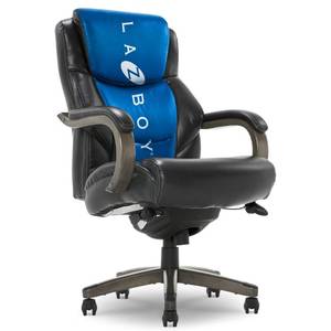 lot 1126 image: La-Z-Boy Delano Big and Tall Executive Office Chair - Ergonomic Lumbar Support Memory Foam - Bonded Leather Desk Chair for Home Office - Weathered Grey Wood Arms - Black - Retail $615