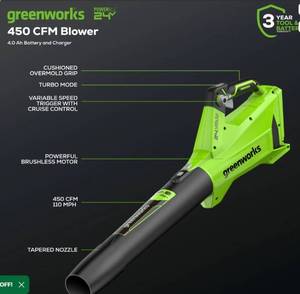 lot 1135 image: Greenworks 24V Cordless Leaf Blower, tool only, no battery, tested works - Retail $130