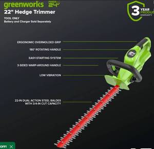 lot 1137 image: Green Works 24v Electric Hedge Trimmer with Rotating Handle, tool only, no battery, tested works - Retail $160
