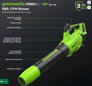 lot 1138 image: Greenworks 48V Cordless Leaf Blower, tool only, tested works - Retail $229