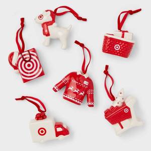 lot 1148 image: 6pc Ceramic Target Christmas Tree Ornament Set RedWhite - Wondershop - Retail $20