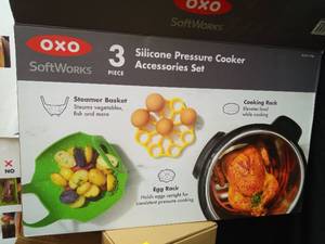 lot 1160 image: OXO Silicone Pressure Cooker Set �� 3 Piece Egg Steamer Basket  Cooking Rack & Rack Handles �� Red  Yellow  Green - Retail $19