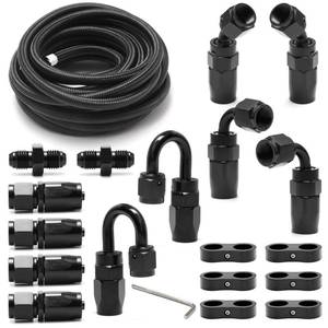lot 1191 image: 4AN Fuel Line Kit - 10FT Nylon Stainless Steel Braided Fuel Hose  10pcs Hose Fitting Kit  6pcs Separator Clamp  2pcs Coupler Adapter - Retail $42