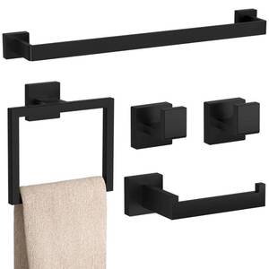 lot 1212 image: 5-Pieces Matte Black Bathroom Accessories Set, 23.6 Inch Bath Towel Bar Set, SUS 304 Stainless Steel Bathroom Hardware Set, Towel Racks for Bathroom Wall Mounted. - Retail $50