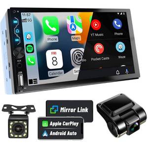 lot 1227 image: Leadfan Double Din Car Stereo with Dash Cam,7 Inch Full HD Touchscreen Car Audio Receiver Support Carplay and Android Auto,Car Stereo with Bluetooth,Mirror Link,Backup Camera,FMUSBAUXSubwoofer - Retail $71